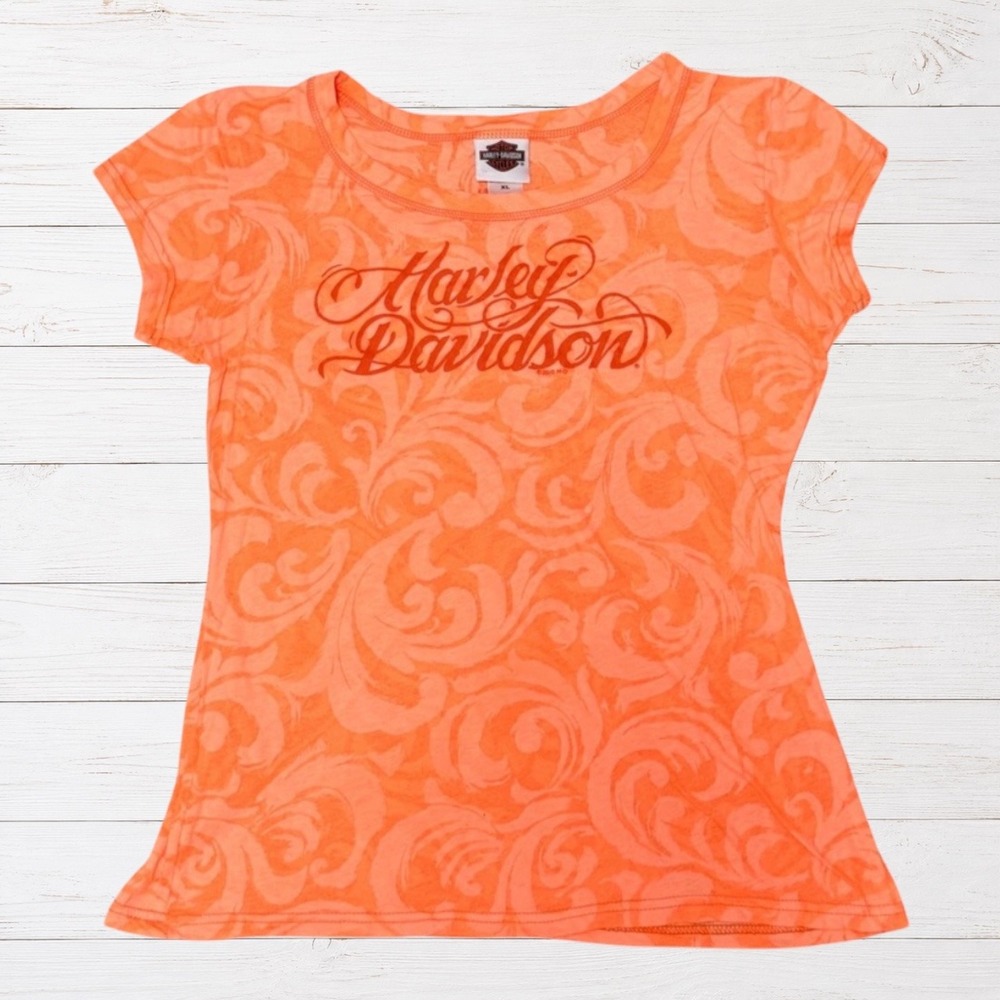 Vintage Y2K Harley Davidson Nags Head NC Orange Burnout T-Shirt XL RK Stratman